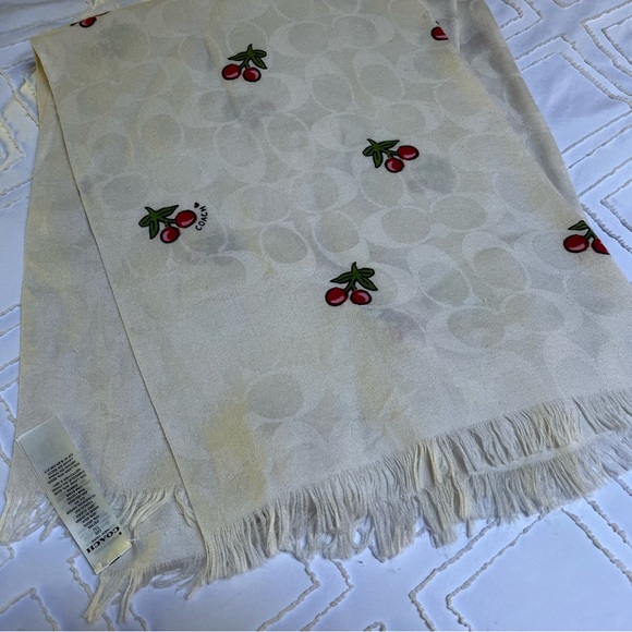 Coach Signature Cherries Print Wrap Scarf Wool & Silk Cream Color - Picture 6 of 6